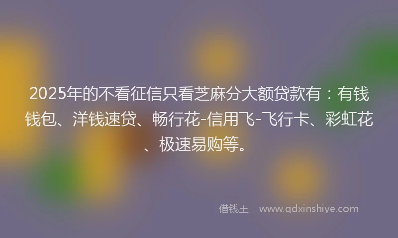 2025年的不看征信只看芝麻分大额贷款有：有钱钱包、洋钱速贷、畅行花-信用飞-飞行卡、彩虹花、极速易购等。