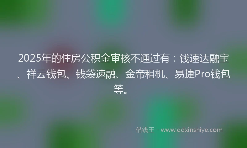 2025年的住房公积金审核不通过有：钱速达融宝、祥云钱包、钱袋速融、金帝租机、易捷Pro钱包等。