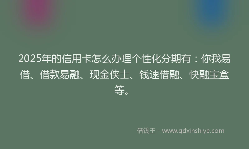 2025年的信用卡怎么办理个性化分期有：你我易借、借款易融、现金侠士、钱速借融、快融宝盒等。
