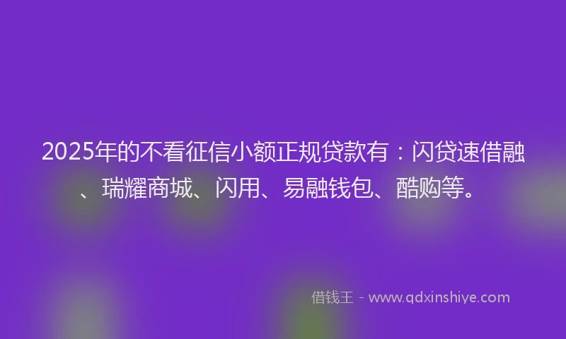 2025年的不看征信小额正规贷款有：闪贷速借融、瑞耀商城、闪用、易融钱包、酷购等。