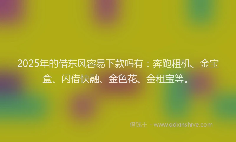 2025年的借东风容易下款吗有：奔跑租机、金宝盒、闪借快融、金色花、金租宝等。