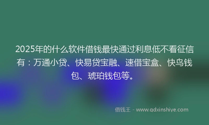 2025年的什么软件借钱最快通过利息低不看征信有：万通小贷、快易贷宝融、速借宝盒、快鸟钱包、琥珀钱包等。