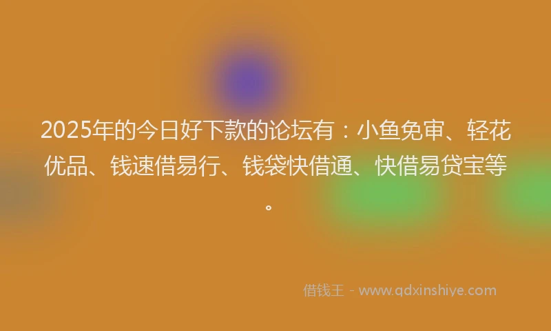 2025年的今日好下款的论坛有：小鱼免审、轻花优品、钱速借易行、钱袋快借通、快借易贷宝等。