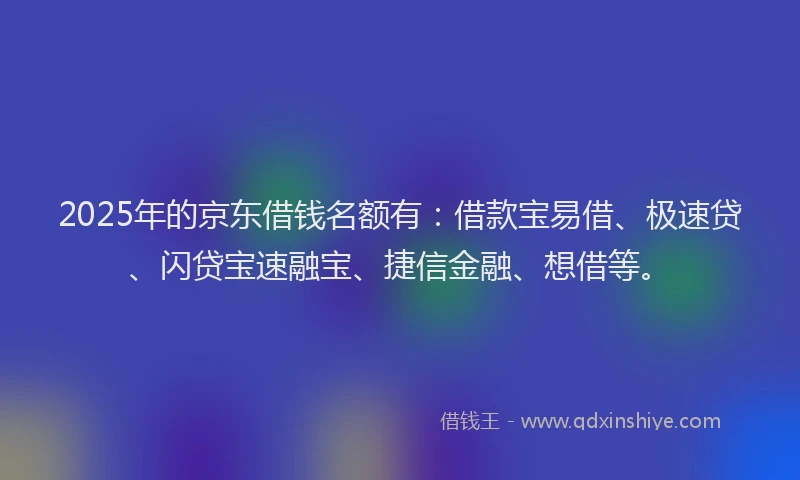 2025年的京东借钱名额有：借款宝易借、极速贷、闪贷宝速融宝、捷信金融、想借等。