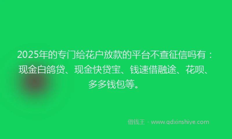 2025年的专门给花户放款的平台不查征信吗有：现金白鸽贷、现金快贷宝、钱速借融途、花呗、多多钱包等。