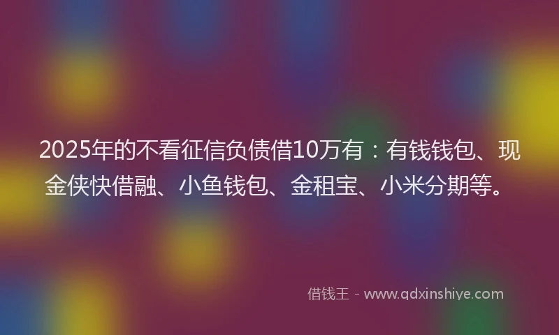2025年的不看征信负债借10万有:有钱钱包、现金侠快借融、小鱼钱包、金租宝、小米分期等。