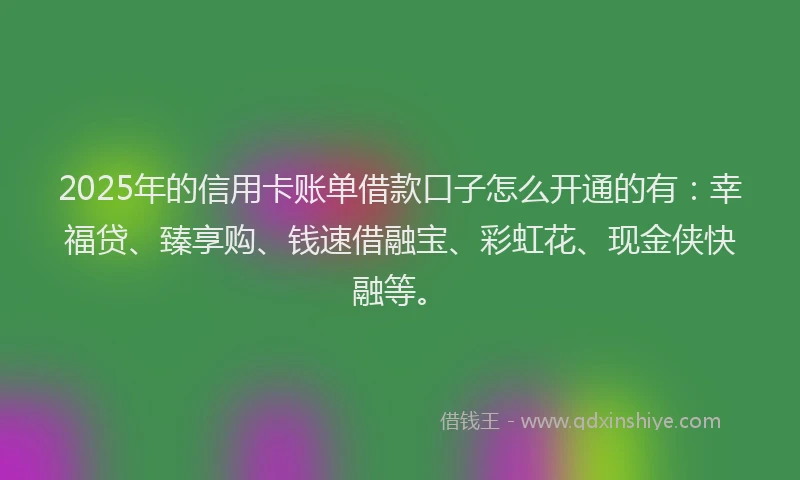 2025年的信用卡账单借款口子怎么开通的有：幸福贷、臻享购、钱速借融宝、彩虹花、现金侠快融等。