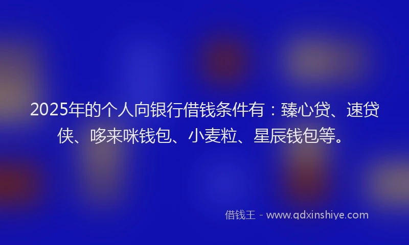 2025年的个人向银行借钱条件有：臻心贷、速贷侠、哆来咪钱包、小麦粒、星辰钱包等。