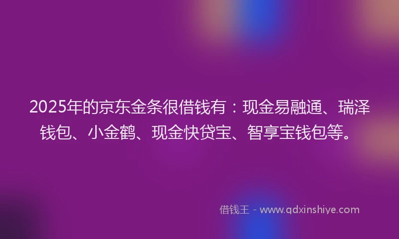 2025年的京东金条很借钱有：现金易融通、瑞泽钱包、小金鹤、现金快贷宝、智享宝钱包等。