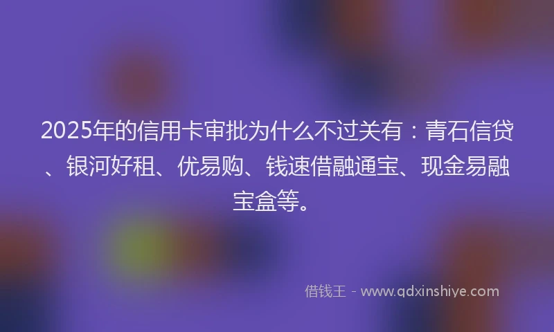 2025年的信用卡审批为什么不过关有：青石信贷、银河好租、优易购、钱速借融通宝、现金易融宝盒等。