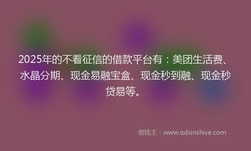 2025年的不看征信的借款平台有：美团生活费、水晶分期、现金易融宝盒、现金秒到融、现金秒贷易等。
