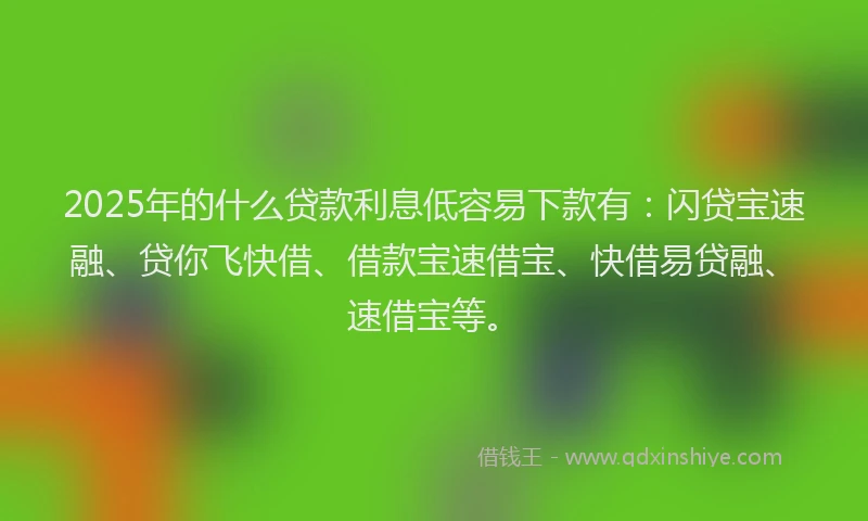 2025年的什么贷款利息低容易下款有：闪贷宝速融、贷你飞快借、借款宝速借宝、快借易贷融、速借宝等。