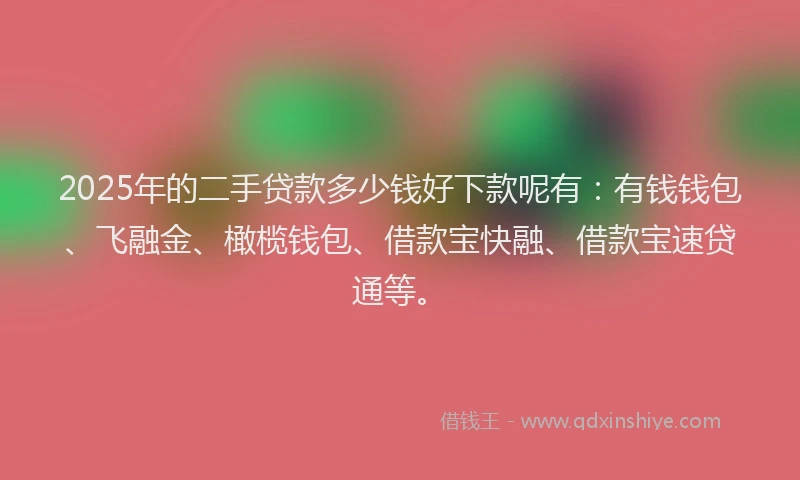 2025年的二手贷款多少钱好下款呢有：有钱钱包、飞融金、橄榄钱包、借款宝快融、借款宝速贷通等。