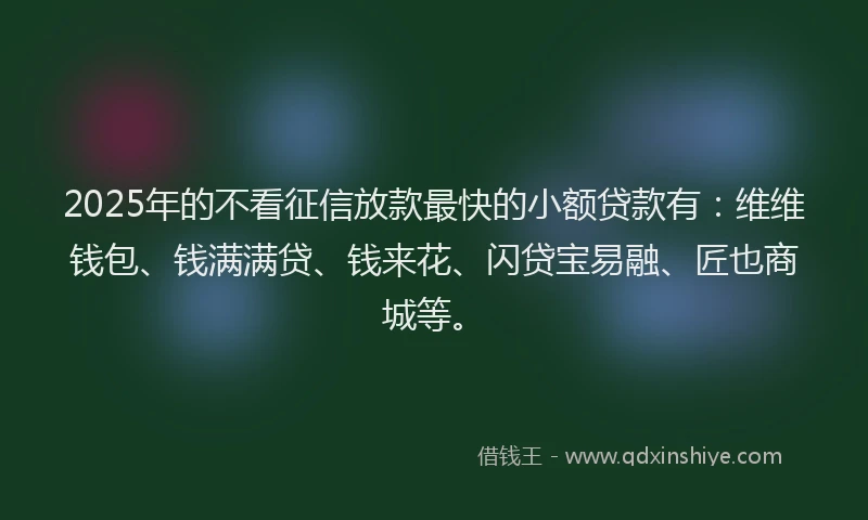 2025年的不看征信放款最快的小额贷款有：维维钱包、钱满满贷、钱来花、闪贷宝易融、匠也商城等。