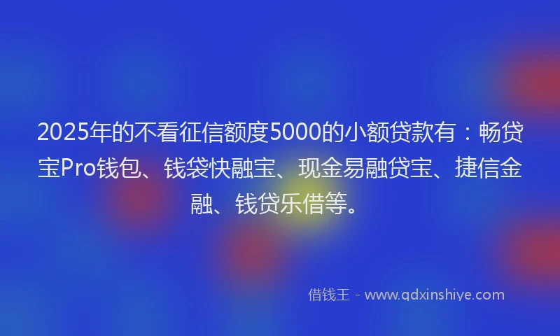 2025年的不看征信额度5000的小额贷款有：畅贷宝Pro钱包、钱袋快融宝、现金易融贷宝、捷信金融、钱贷乐借等。