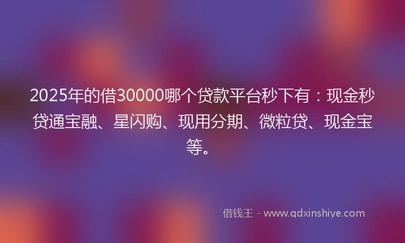 2025年的借30000哪个贷款平台秒下有：现金秒贷通宝融、星闪购、现用分期、微粒贷、现金宝等。