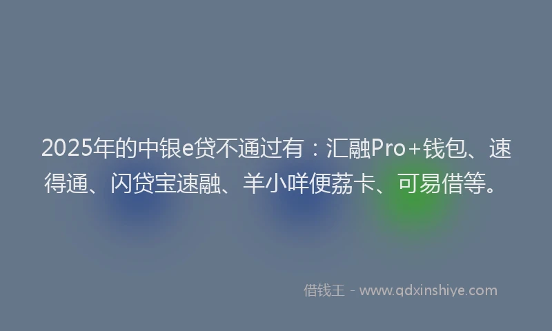 2025年的中银e贷不通过有：汇融Pro+钱包、速得通、闪贷宝速融、羊小咩便荔卡、可易借等。