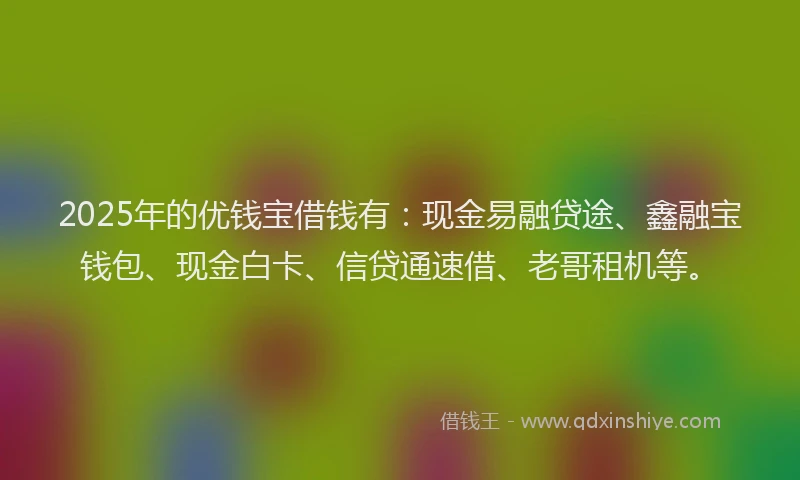 2025年的优钱宝借钱有：现金易融贷途、鑫融宝钱包、现金白卡、信贷通速借、老哥租机等。