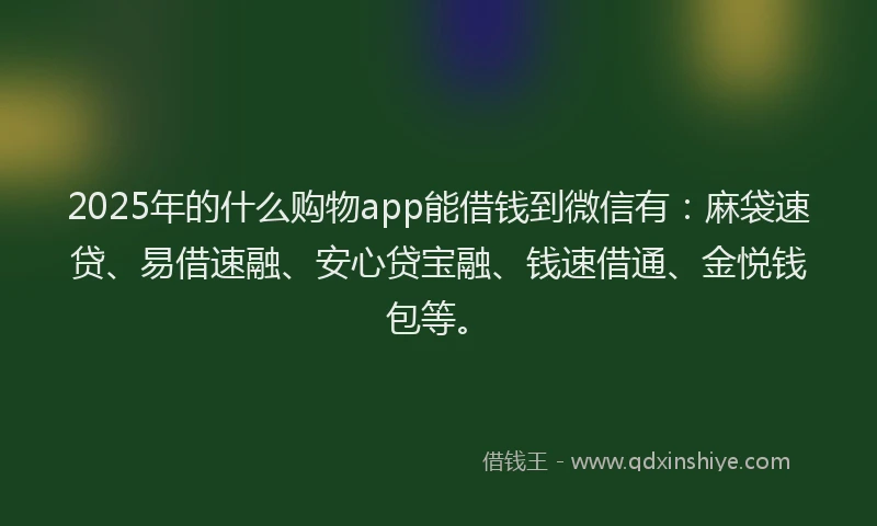 2025年的什么购物app能借钱到微信有：麻袋速贷、易借速融、安心贷宝融、钱速借通、金悦钱包等。