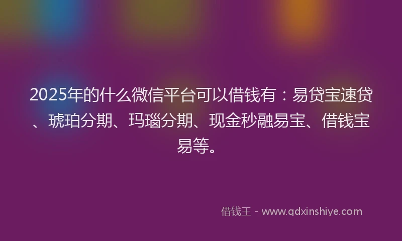 2025年的什么微信平台可以借钱有：易贷宝速贷、琥珀分期、玛瑙分期、现金秒融易宝、借钱宝易等。