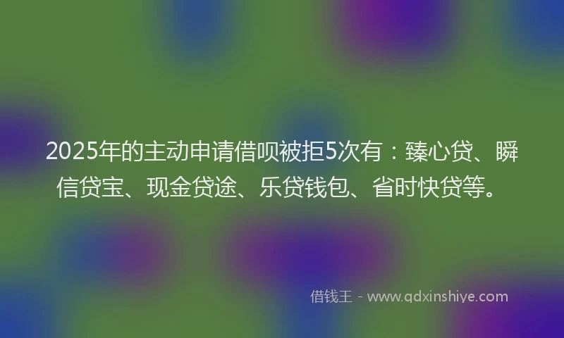 2025年的主动申请借呗被拒5次有：臻心贷、瞬信贷宝、现金贷途、乐贷钱包、省时快贷等。
