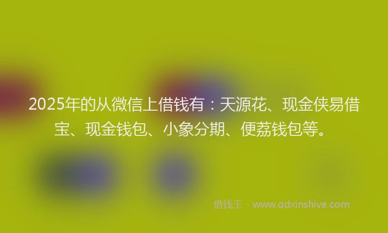 2025年的从微信上借钱有：天源花、现金侠易借宝、现金钱包、小象分期、便荔钱包等。