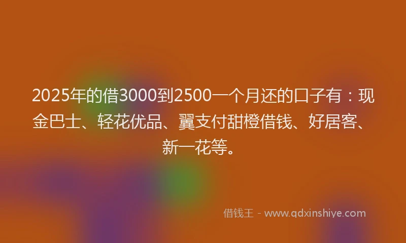 2025年的借3000到2500一个月还的口子有：现金巴士、轻花优品、翼支付甜橙借钱、好居客、新一花等。
