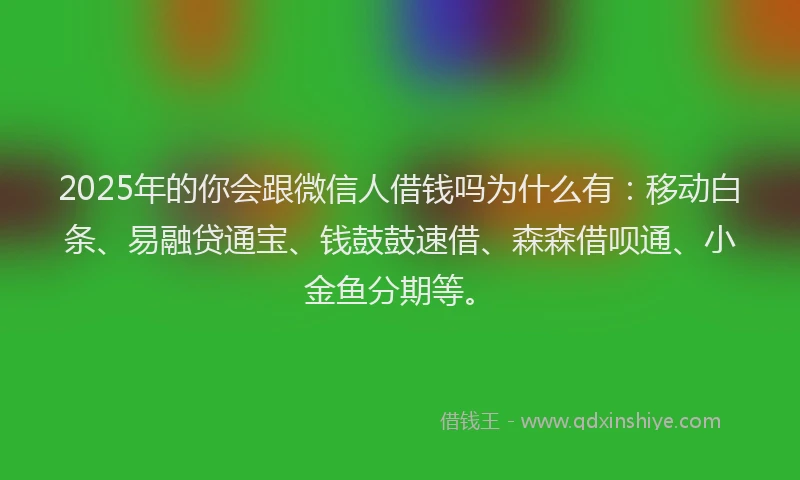 2025年的你会跟微信人借钱吗为什么有：移动白条、易融贷通宝、钱鼓鼓速借、森森借呗通、小金鱼分期等。