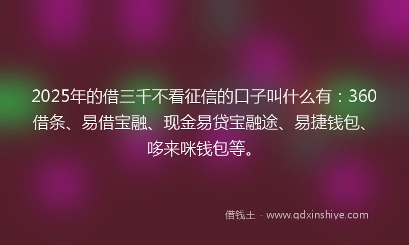 2025年的借三千不看征信的口子叫什么有：360借条、易借宝融、现金易贷宝融途、易捷钱包、哆来咪钱包等。