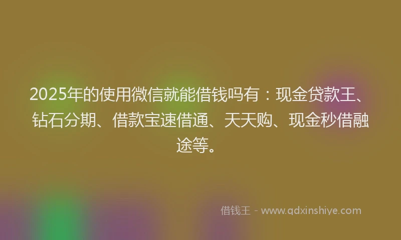 2025年的使用微信就能借钱吗有：现金贷款王、钻石分期、借款宝速借通、天天购、现金秒借融途等。