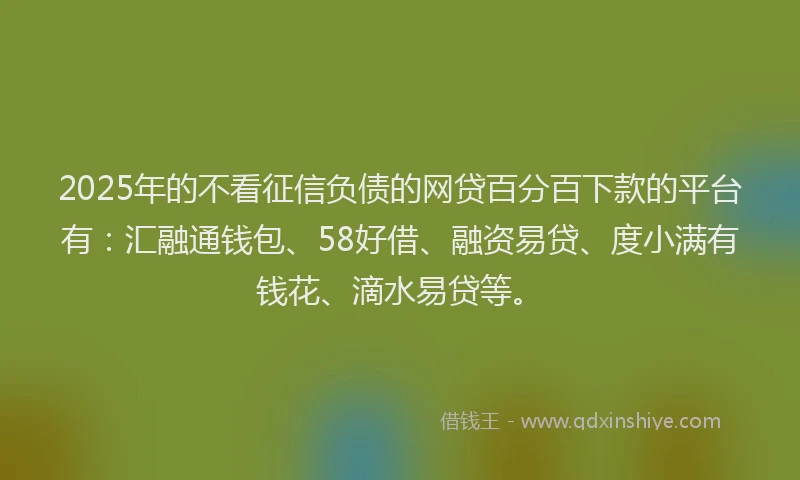 2025年的不看征信负债的网贷百分百下款的平台有：汇融通钱包、58好借、融资易贷、度小满有钱花、滴水易贷等。