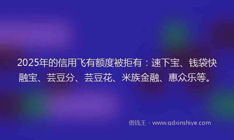 2025年的信用飞有额度被拒有：速下宝、钱袋快融宝、芸豆分、芸豆花、米族金融、惠众乐等。