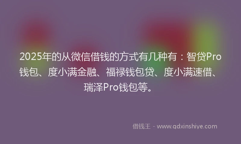 2025年的从微信借钱的方式有几种有：智贷Pro钱包、度小满金融、福禄钱包贷、度小满速借、瑞泽Pro钱包等。