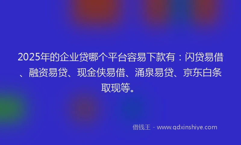 2025年的企业贷哪个平台容易下款有：闪贷易借、融资易贷、现金侠易借、涌泉易贷、京东白条取现等。