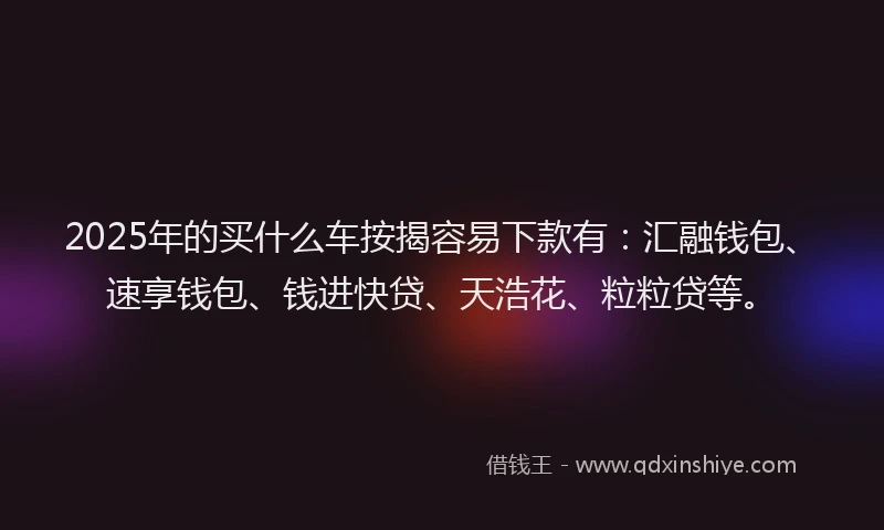 2025年的买什么车按揭容易下款有：汇融钱包、速享钱包、钱进快贷、天浩花、粒粒贷等。