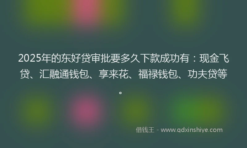 2025年的东好贷审批要多久下款成功有：现金飞贷、汇融通钱包、享来花、福禄钱包、功夫贷等。
