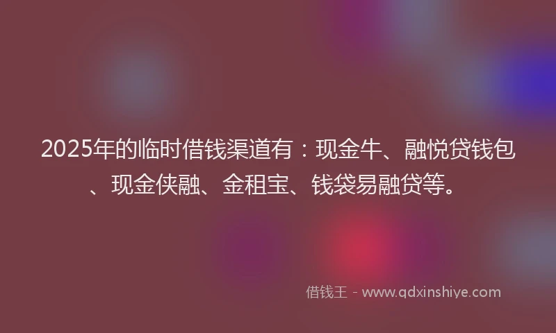 2025年的临时借钱渠道有：现金牛、融悦贷钱包、现金侠融、金租宝、钱袋易融贷等。