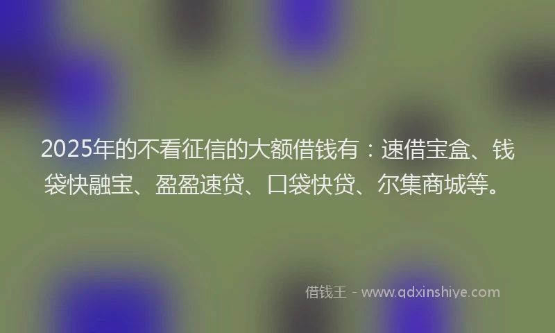 2025年的不看征信的大额借钱有：速借宝盒、钱袋快融宝、盈盈速贷、口袋快贷、尔集商城等。