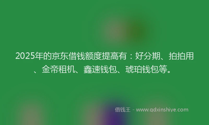 2025年的京东借钱额度提高有：好分期、拍拍用、金帝租机、鑫速钱包、琥珀钱包等。