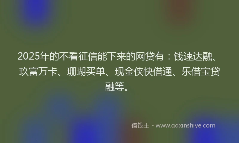2025年的不看征信能下来的网贷有：钱速达融、玖富万卡、珊瑚买单、现金侠快借通、乐借宝贷融等。