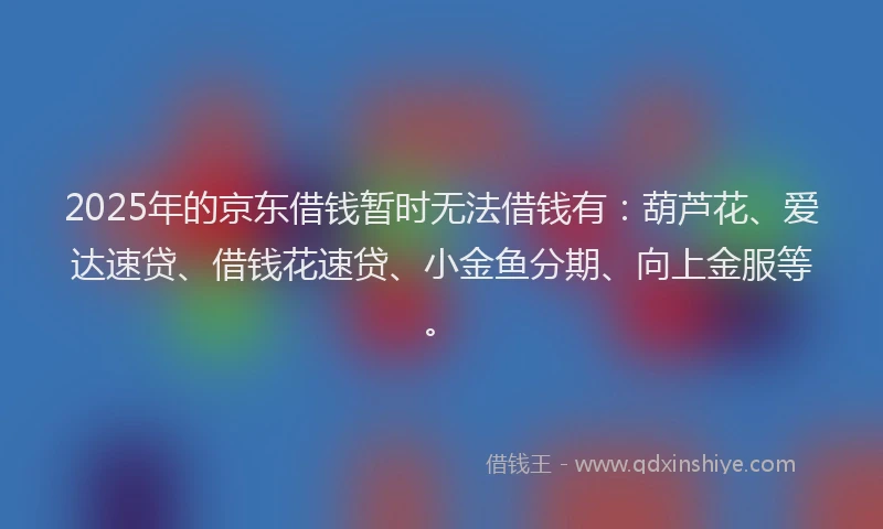 2025年的京东借钱暂时无法借钱有：葫芦花、爱达速贷、借钱花速贷、小金鱼分期、向上金服等。