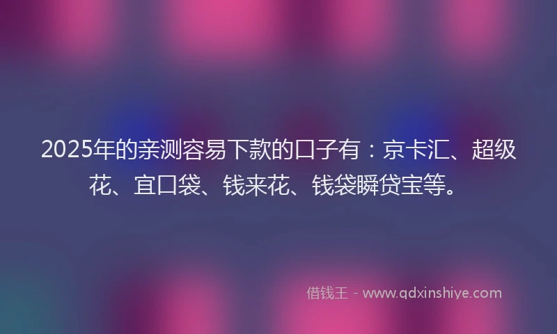 2025年的亲测容易下款的口子有：京卡汇、超级花、宜口袋、钱来花、钱袋瞬贷宝等。