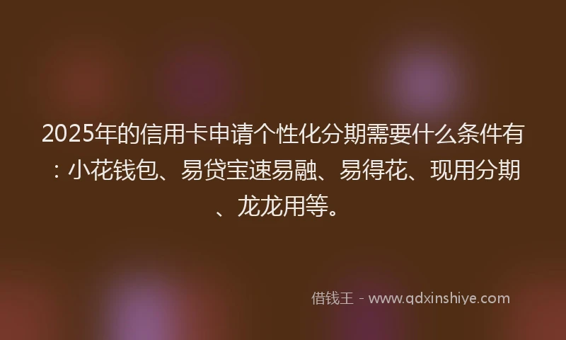 2025年的信用卡申请个性化分期需要什么条件有：小花钱包、易贷宝速易融、易得花、现用分期、龙龙用等。