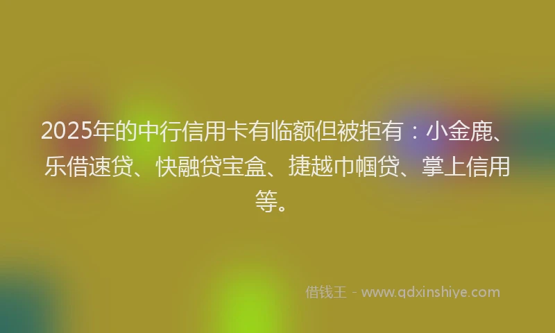 2025年的中行信用卡有临额但被拒有：小金鹿、乐借速贷、快融贷宝盒、捷越巾帼贷、掌上信用等。