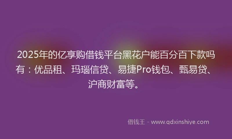 2025年的亿享购借钱平台黑花户能百分百下款吗有：优品租、玛瑙信贷、易捷Pro钱包、甄易贷、沪商财富等。