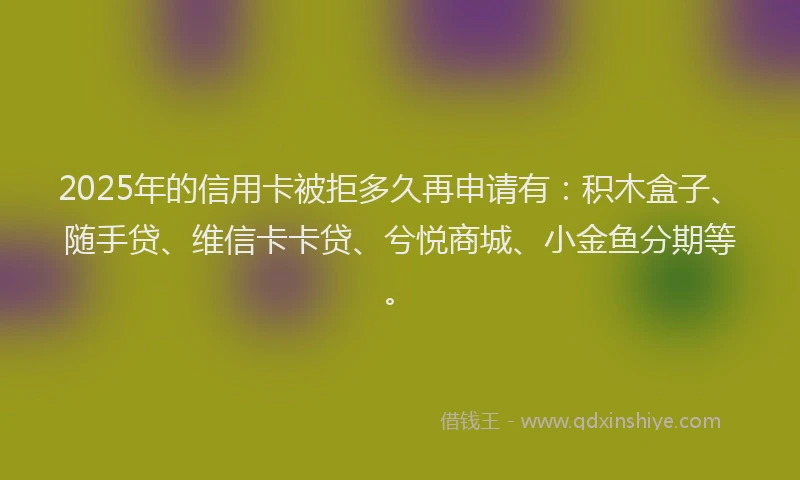 2025年的信用卡被拒多久再申请有：积木盒子、随手贷、维信卡卡贷、兮悦商城、小金鱼分期等。