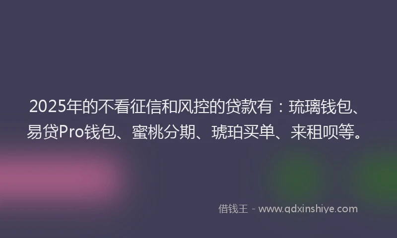 2025年的不看征信和风控的贷款有：琉璃钱包、易贷Pro钱包、蜜桃分期、琥珀买单、来租呗等。