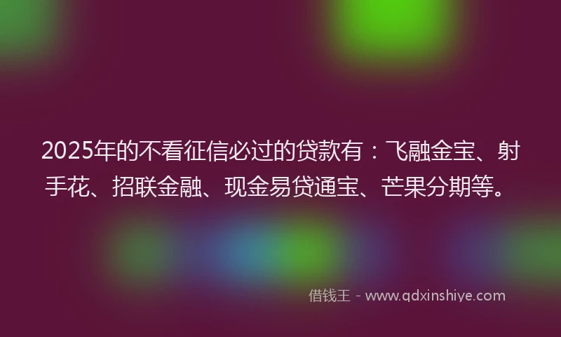 2025年的不看征信必过的贷款有：飞融金宝、射手花、招联金融、现金易贷通宝、芒果分期等。