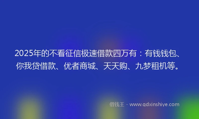 2025年的不看征信极速借款四万有：有钱钱包、你我贷借款、优者商城、天天购、九梦租机等。