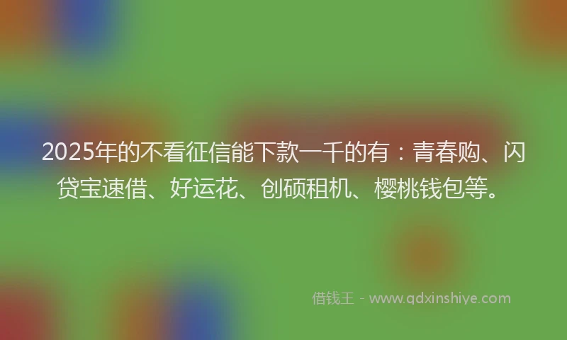 2025年的不看征信能下款一千的有：青春购、闪贷宝速借、好运花、创硕租机、樱桃钱包等。